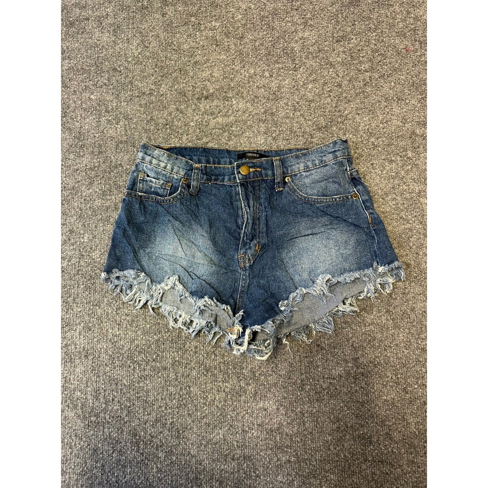 Forever 21 Denim Shorts Womens Size 27 Blue Cotton Raw Hem Frayed Distressed